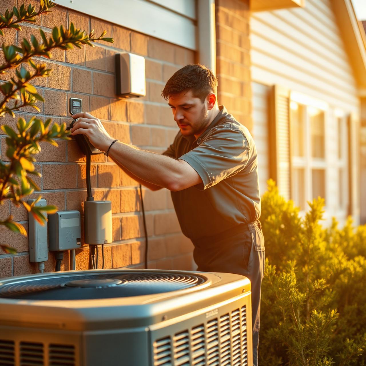 HVAC technician servicing an outdoor air conditioning unit
