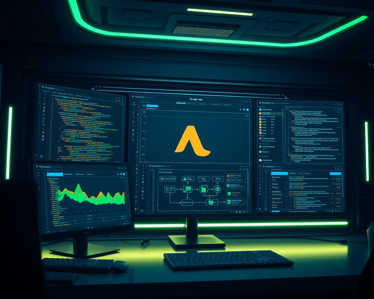 Multiple monitors showing ad campaigns and automation being built