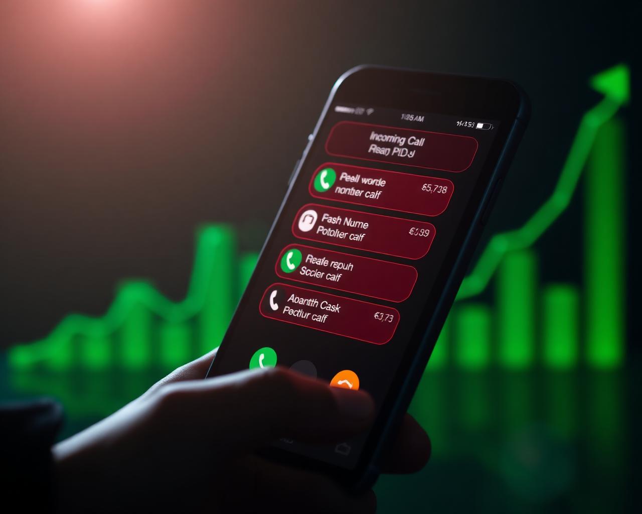 Smartphone receiving incoming call notifications with growth chart