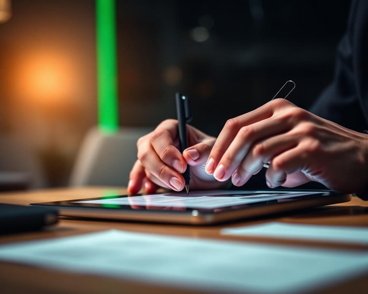 Hands signing a digital onboarding contract on a tablet